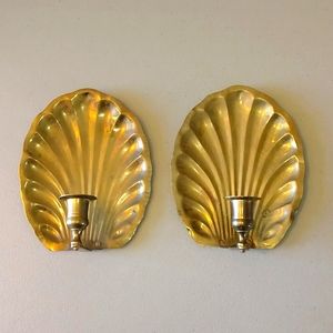 Vintage shell brass candlestick holder set